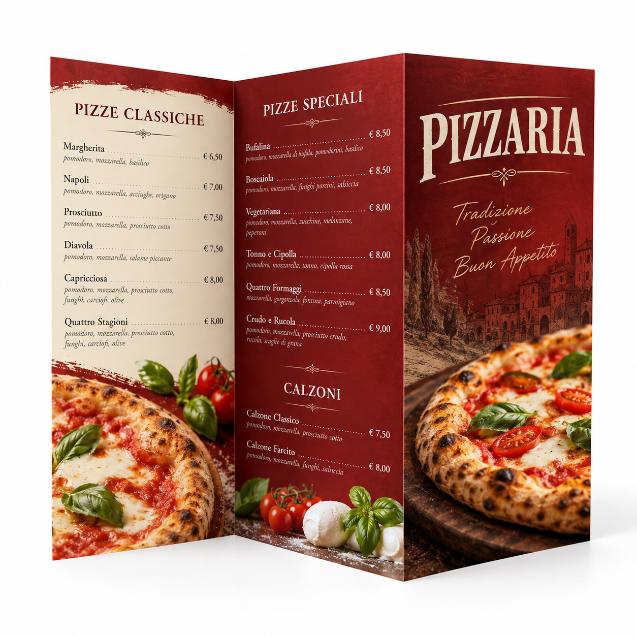 Modelo ilustrativo de panfleto A4 dobrado de pizzaria